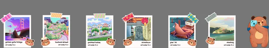 Tourist Traps polaroid sticker set, six San Francisco landmarks
