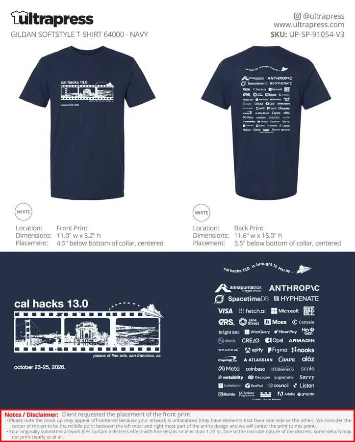 Cal Hacks 13.0 t-shirt print mockup, navy