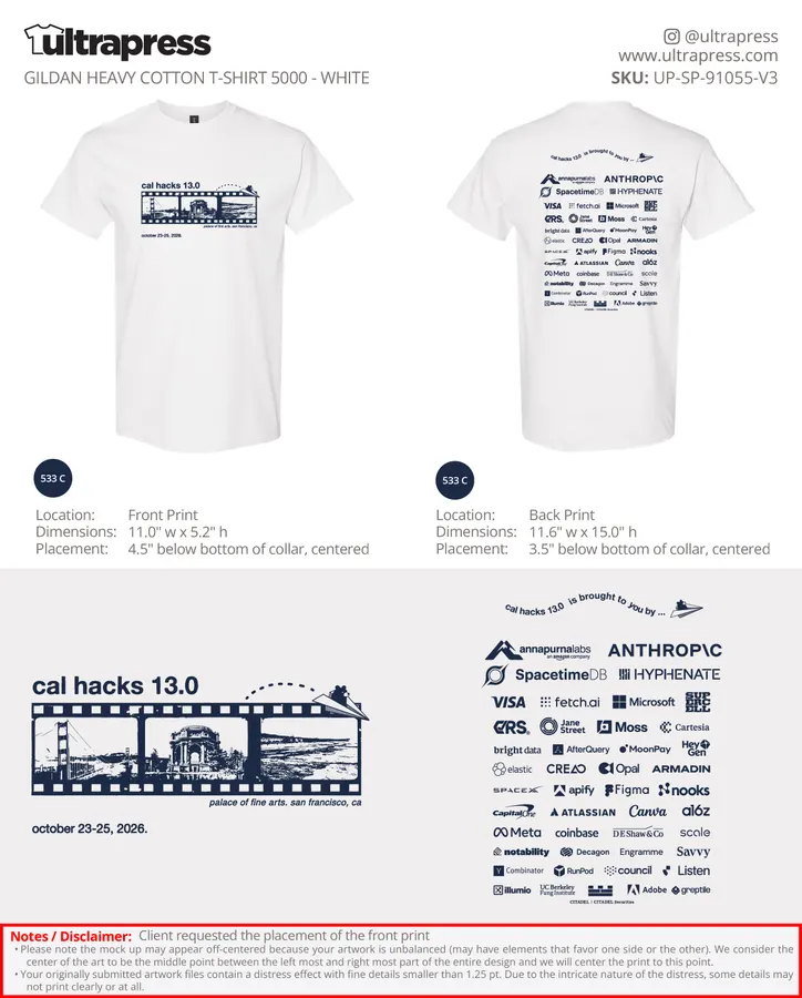 Cal Hacks 13.0 t-shirt print mockup, white
